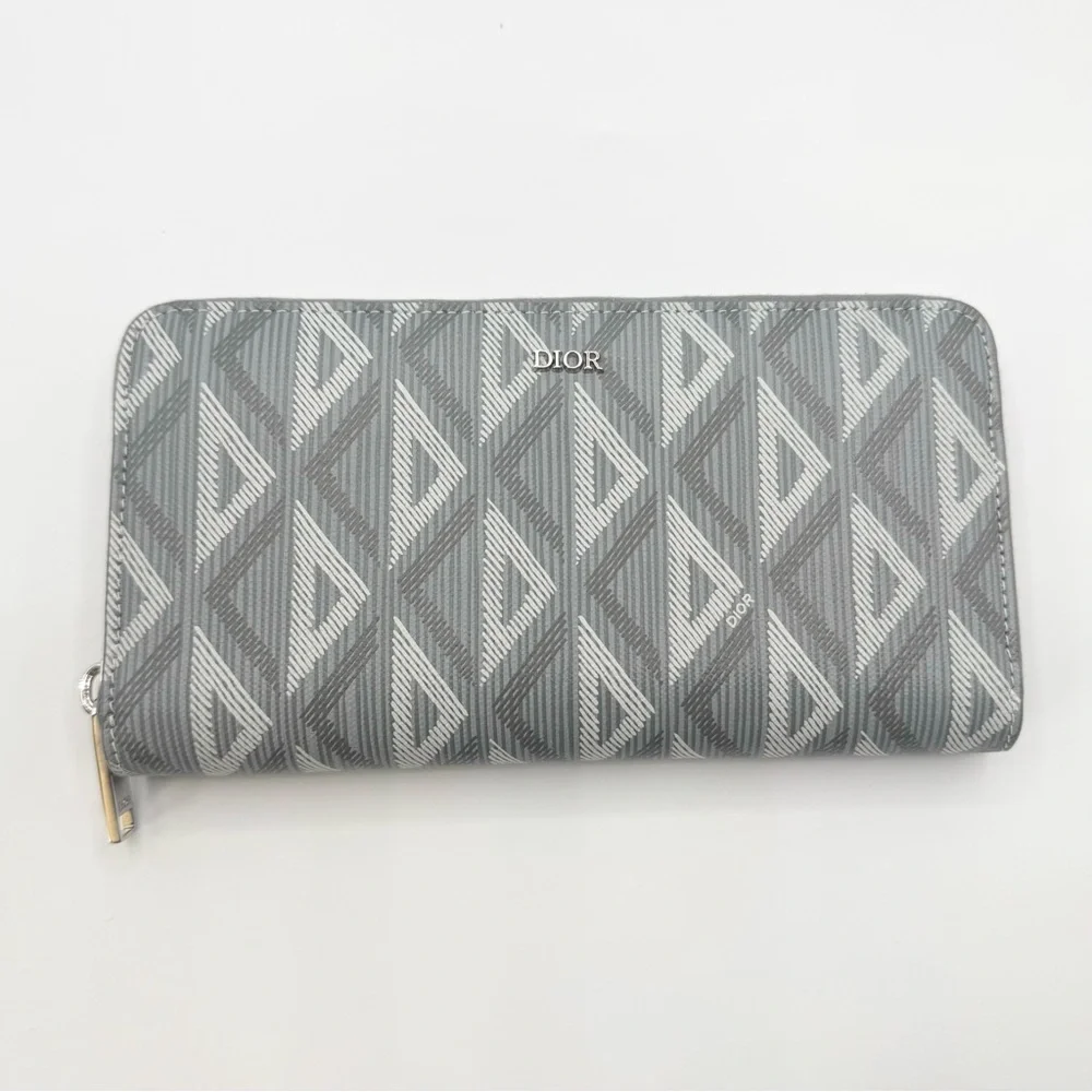 NEW Christian Dior CD Logo Diamond Grey Coated Canvas Long Zipped Wallet